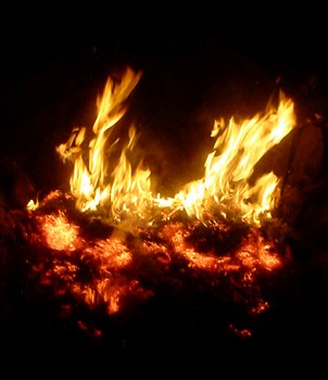 in flames